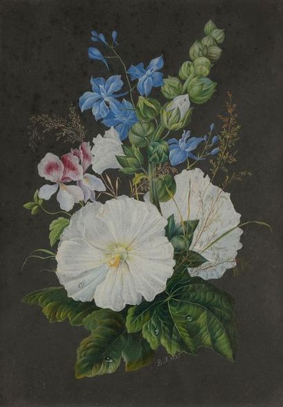 null École FLAMANDE du XIXe siècle
Jeté de fleurs, 1835
Gouache.
Monogrammée et datée...