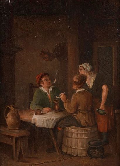 null École HOLLANDAISE DU XVIIIe siècle 
Fumeurs de pipe dans une taverne
Paire de...