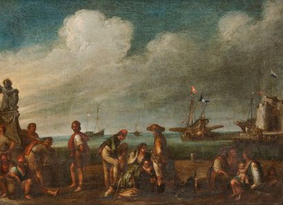 null Attribué à Cornelis de WAEL (1592-1667)
Groupe de personnages sur les quais
Toile.
(Restaurations...