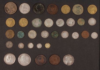 null Fort lot de pièces anciennes en bronze et argent, XVIII-XIXe dont :
- France...