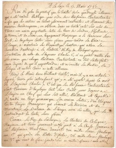 null NOUVELLES À LA MAIN. Copie manuscrite de 2 lettres, mars 1745 ; 4 pages in-4.
...