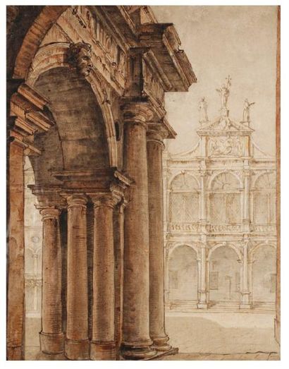 École ITALIENNE du XVIIIe siècle Étude de colonnade, étude de fronton d'une église...