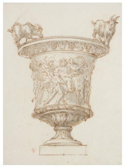 École ITALIENNE du XVIIIe siècle Vase à décor bachique avec deux chèvres sur le rebord...