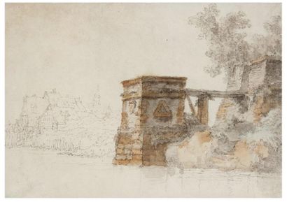 École FRANÇAISE du XVIIIe siècle Paysage fluvial avec pilier de pont Aquarelle, plume...