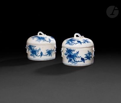 null Chine
Paire de boîtes cylindriques couvertes à décor en camaïeu bleu d’oiseaux...