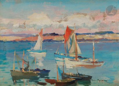 null Paul MORCHAIN (1876-1939)
Le Port de Douarnenez, fin de jour
Gouache.
Signée...