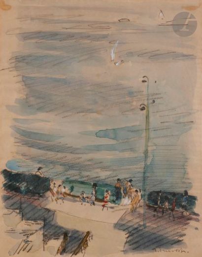null Pierre PRUVOST (1921-2008)
Antibes, bancs en bord de mer
Aquarelle et crayon.
Signée...