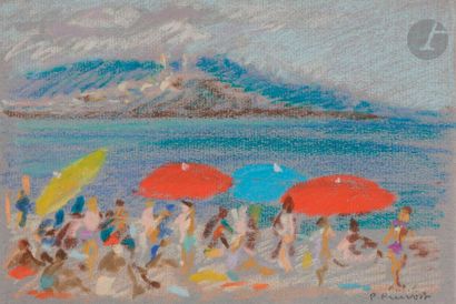 null Pierre PRUVOST (1921-2008)
Plage aux parasols
Pastel sur papier bleu.
Signé...