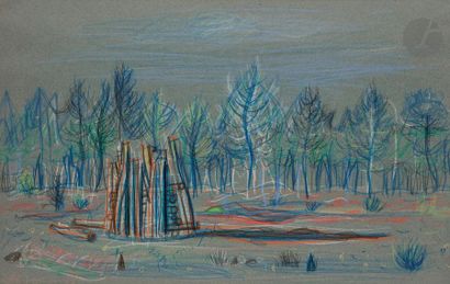 null Jean CARZOU (1907-2000)
Le Tas de bois, 1947
Crayon de couleurs sur papier bleu.
Signée...