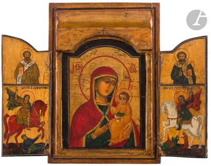 null Icône triptyque de la Vierge d’Ivérie, Saint Georges et Saint Dimitri. Grèce....