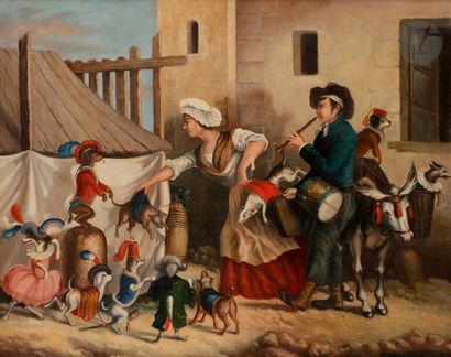 null ÉCOLE du début du XIXe siècle 
Le Défilé canin
Huile sur toile.
Non signée.
(Accident).
59...