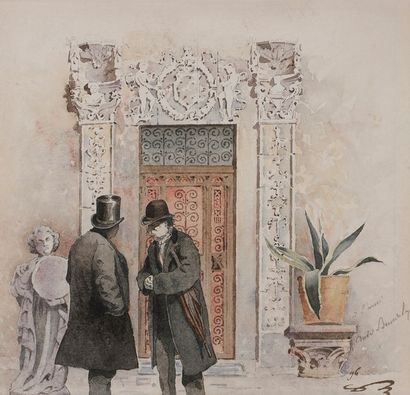null École FRANÇAISE du XIXe siècle

Deux hommes devant une porte, 1896

Aquarelle.

Monogramée...