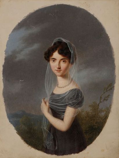 null École FRANÇAISE vers 1810

Jeune fille en bleu dans un ovale peint 

Toile.

22...