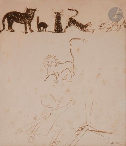 null Prosper MÉRIMÉE (Paris 1803 - Cannes 1870)
Rébus avec chats et lion
Plume et...