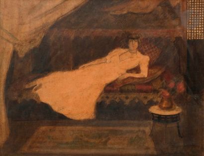 null George BOTTINI (1874-1907)
Femme au sofa, une rose dans les cheveux, 1899
Aquarelle...