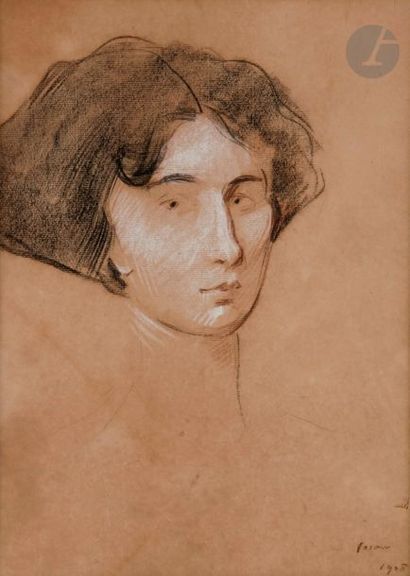 null Jean-Louis FORAIN (Reims 1852 - Paris 1931)
Portrait de femme, 1908
Trois crayons.
Signé...