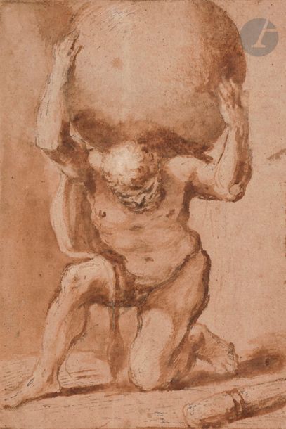 null Attribué à Sigismondo CAULA
(Modène 1634 - Modène 1724)
Hercule portant le globe
Plume...
