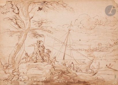 null École de SALVATOR ROSA (1615-1673)
Marine côtière
Plume et encre brune, lavis...