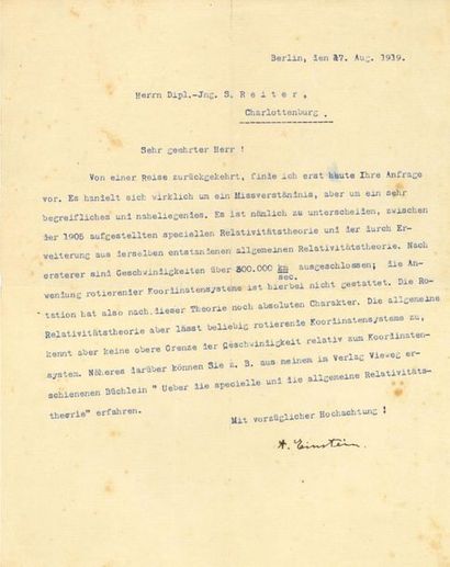 null EINSTEIN Albert (1879-1955).
L.S. « A. Einstein », Berlin 17 août 1919, à l’ingénieur...