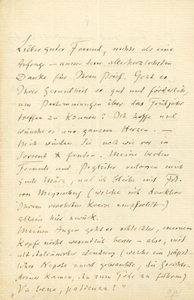 null NIETZSCHE Friedrich (1844-1900).
L.A.S. « Friedrich Nietzsche », Sorrente, Villa...