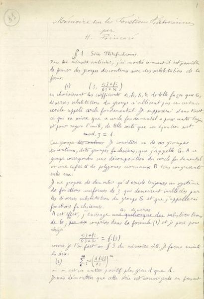 null POINCARÉ Henri (1854-1912).
MANUSCRIT autographe, Mémoire sur les fonctions...