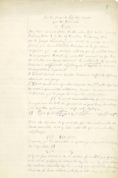 null POINCARÉ Henri (1854-1912).
MANUSCRIT autographe signé en tête « H. Poincaré »,...
