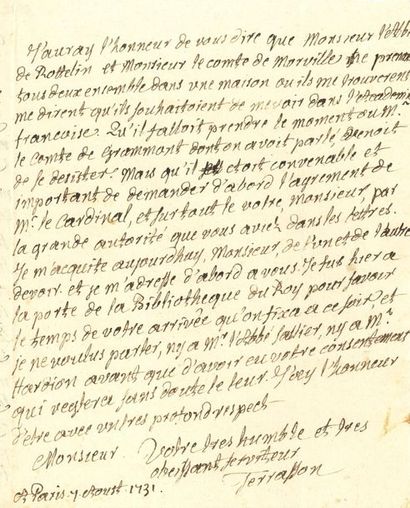 null terrasson Jean (1670-1750) oratorien, mathématicien et philosophe.
L.A.S. « Terrasson »,...