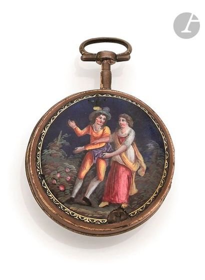 null ANONYME. Vers 1790
Montre de poche en métal doré, cadran émaillé blanc, index...