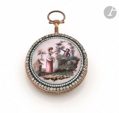 null ROMILLY à PARIS. Vers 1790
Montre de poche en métal doré, cadran émaillé blanc,...