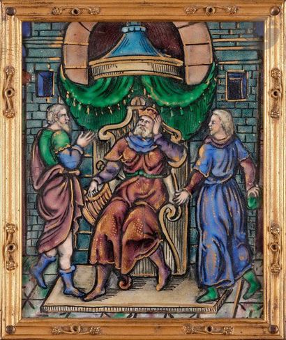 null Triptyque en émail peint polychrome représentant une scène de l'histoire de...