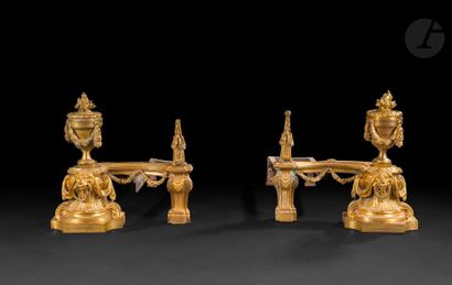 null Paire de chenets en bronze doré à décor de vases néoclassiques, mufles, de lion...