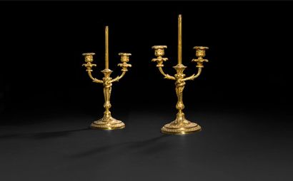 null Paire de flambeaux formant pied de lampe en bronze doré à décor de trophées,...