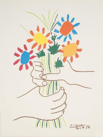 Pablo Picasso (d'après) La Paix (mains et bouquets de fleurs). 1958. Lithographie...