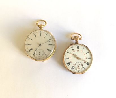 null Lot composé de deux montres de poche en or jaune 18K (750), cadran émaillé blanc,...