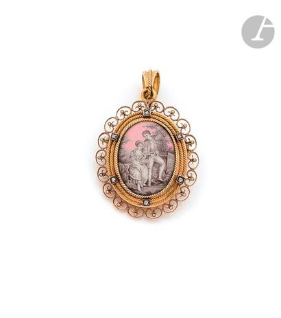 null Oval 18K (750) gold pendant brooch, decorated with a miniature in grisaille...