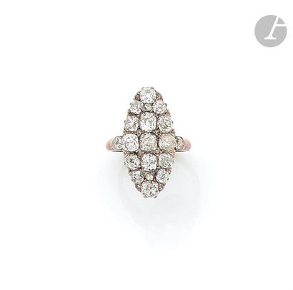 null Marquise ring in 14K (585) gold and silver, paved with antique cut diamonds,...