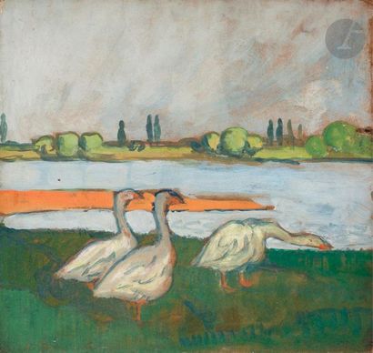 null Jean-Émile Laboureur (1877-1943) 

Trois oies au bord de la rivière. Huile sur...