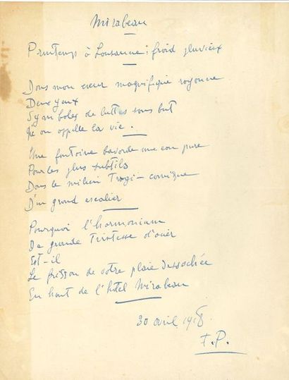null Francis PICABIA (1879-1953). Poème autographe signé " F.P ", Mirabeau, 30 avril...