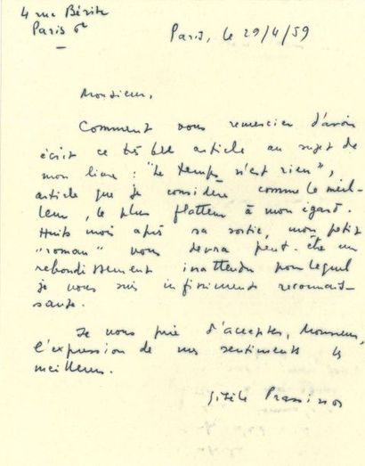 null Gisèle PRASSINOS (1920-2015). 2 L.A.S., 1959-1967, à René Lacôte des Lettres...