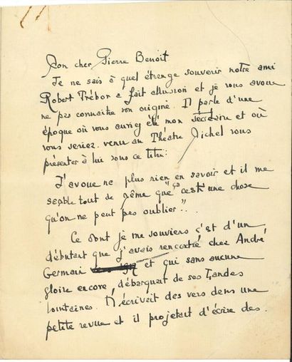 null Maurice rostand. 2 manuscrits autographes sur Pierre Benoit ; 4 pages et demie...