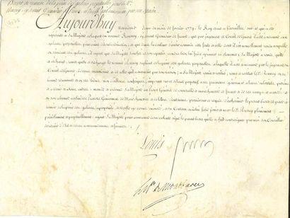 null LOUIS XVI. P.S. (secrétaire), Versailles 9 février 1779 ; contresignée par son...