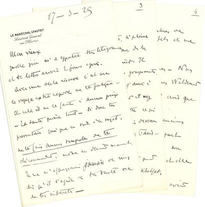 null Hubert LYAUTEY. 2 L.A.S. " Hubert ", [Rabat] 1925 et Thorey 1930, [à son neveu...