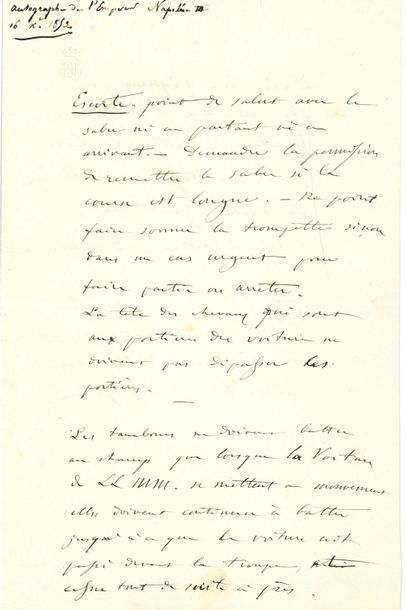 null NAPOLÉON III (1808-1873). P.A. et L.A.S. " N ", [1853, au Grand Maréchal du...