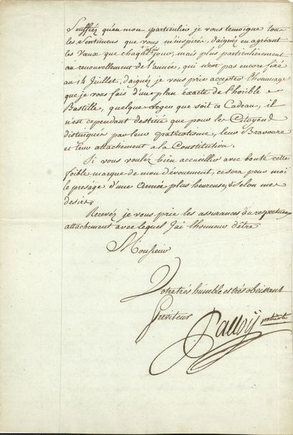 null Pierre-François PALLOY. L.S. " Palloy patriote ", Paris 10 janvier 1791 (" copie...