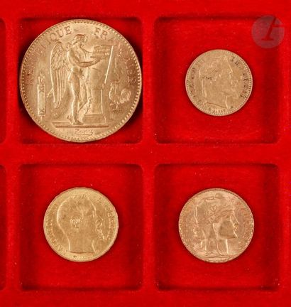 null Lot of 4 French gold coins in a bag numbered 2017154:
- 1 gold coin of 100 Francs....