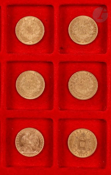 6 pièces de 20 Francs en or : 
- 4 pièces...