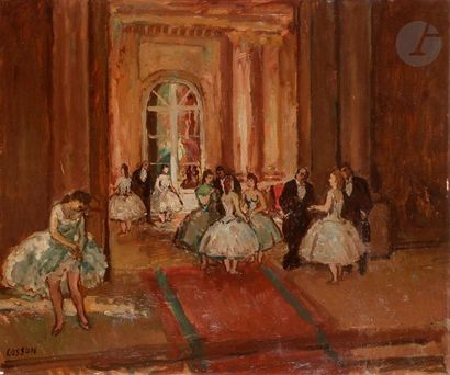 null Marcel COSSON (1878-1956)
Le Foyer de l'Opéra
Huile sur panneau.
Signée en bas...