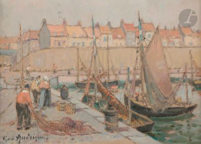 null Georges ANDRIQUE (1874-1964)
Pêcheurs dans le port de Calais
Gouache.
Signée...