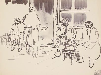 JEAN-ÉMILE LABOUREUR (1877-1943) Café turc. Vers 1909-1910. Dessin au pinceau, à...