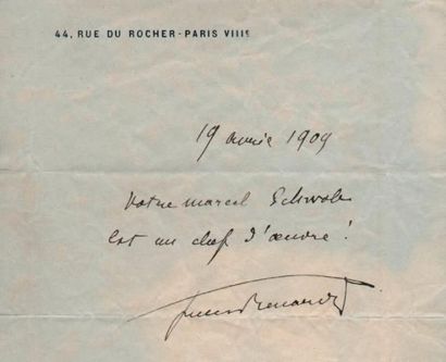 Jules RENARD (1864-1910) L.A.S., 19 avril 1909, [à Sacha Guitry]; demi-page in-8...